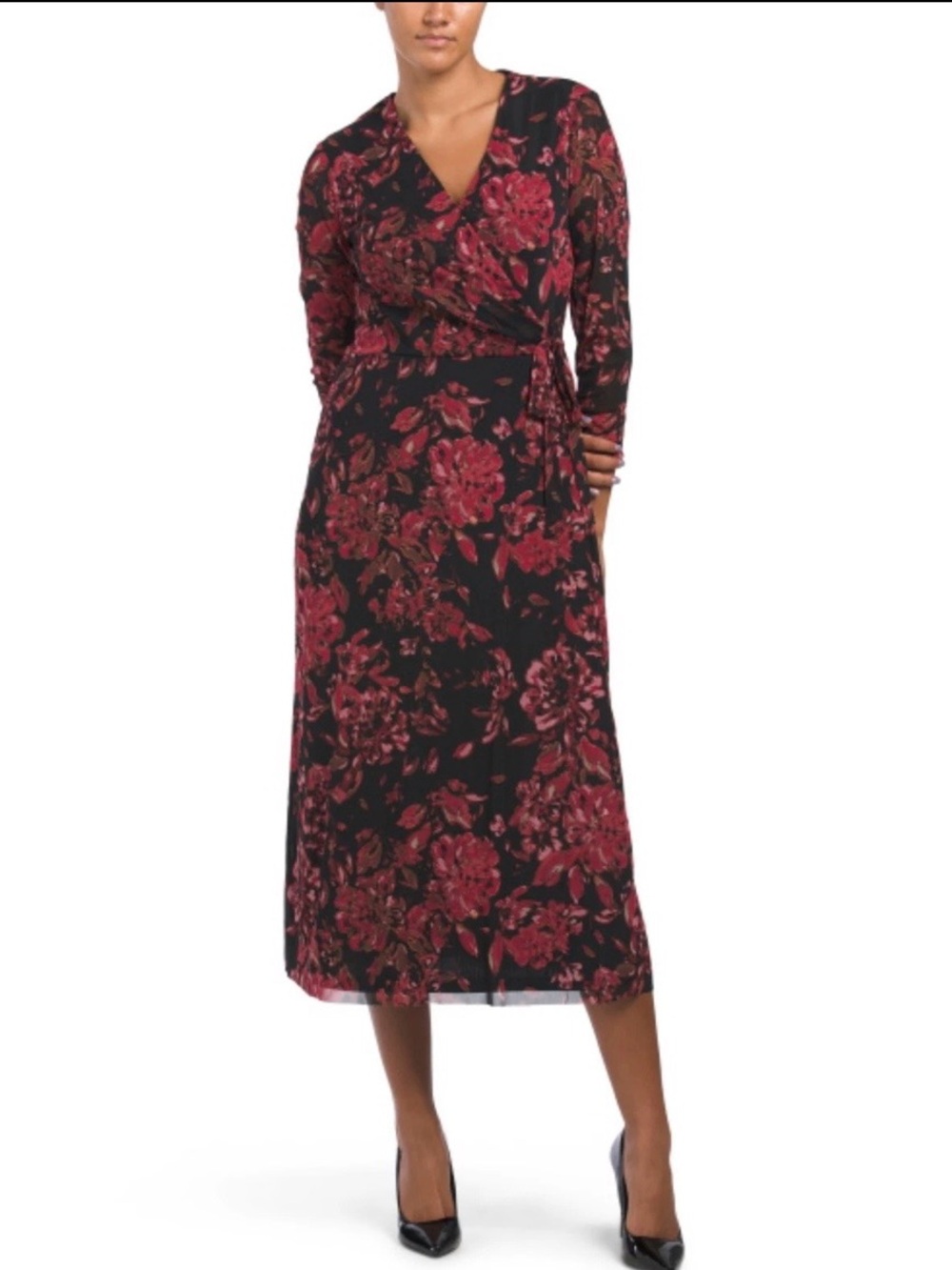 NWT Anne Klein Black Dress Burgundy Floral Print Mesh Fabric size 8 Medium